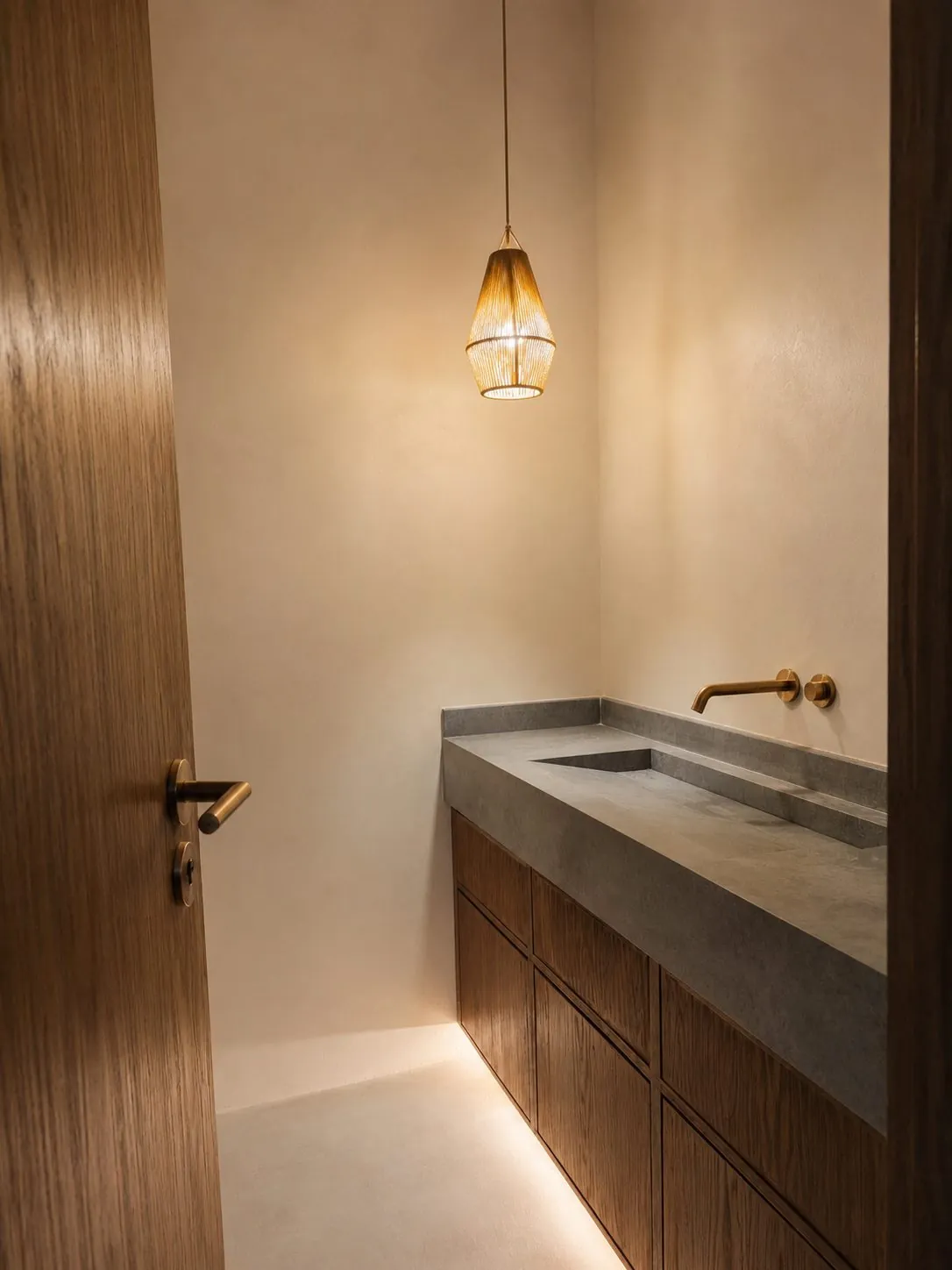 Baño de visitas con lavabo de concreto y grifería de latón en Casa Aria